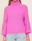 Rib Knitted Turtleneck Sweater with Bishop Sleeve