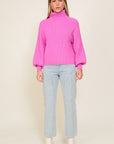 Rib Knitted Turtleneck Sweater with Bishop Sleeve