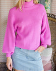 Rib Knitted Turtleneck Sweater with Bishop Sleeve