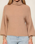 Rib Knitted Turtleneck Sweater with Bishop Sleeve