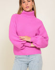 Rib Knitted Turtleneck Sweater with Bishop Sleeve