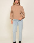 Rib Knitted Turtleneck Sweater with Bishop Sleeve