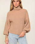 Rib Knitted Turtleneck Sweater with Bishop Sleeve