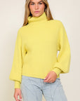 Rib Knitted Turtleneck Sweater with Bishop Sleeve