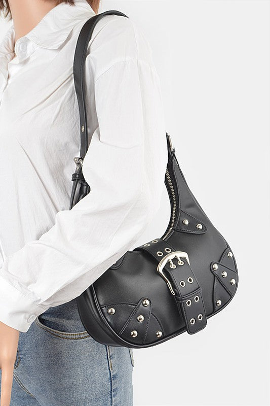 Vegan Leather Buckle Accent Shoulder Bag