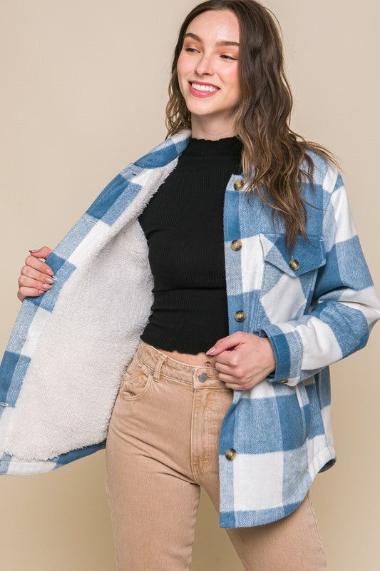 Plaid Button Down Jacket with Front Pocket Detail - Online Only