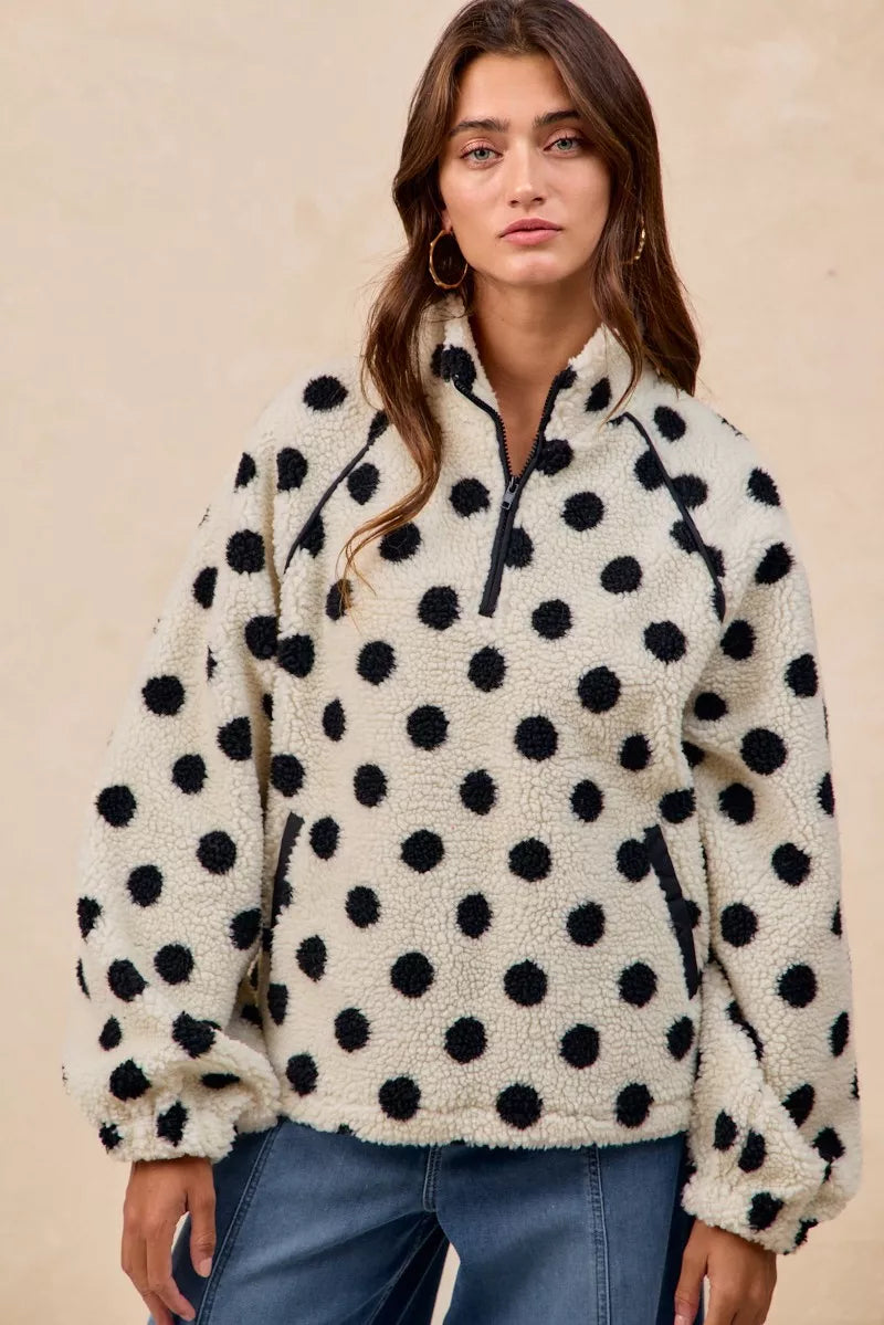 BiBi Polka Dot Sherpa Half Zip Up Top with Side Pocket