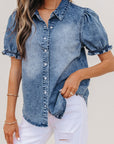 Denim Frilled Short Sleeve Snap Button Shirt