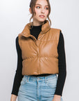 PU Faux Leather Puffer West With Snap Button