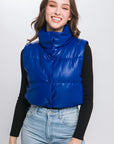 PU Faux Leather Puffer West With Snap Button