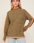 Lumiere Marled Brown Raglan Sleeve Funnel Neck Sweater