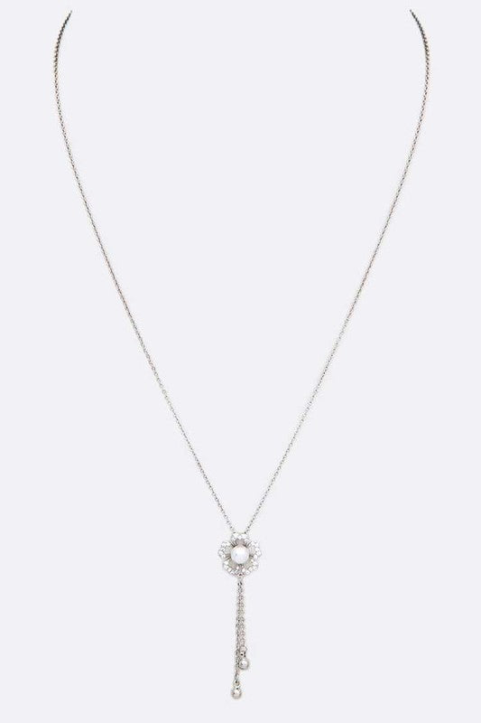 Pearl Accent CZ Flower Chain Drop Pendant Necklace - Online Only