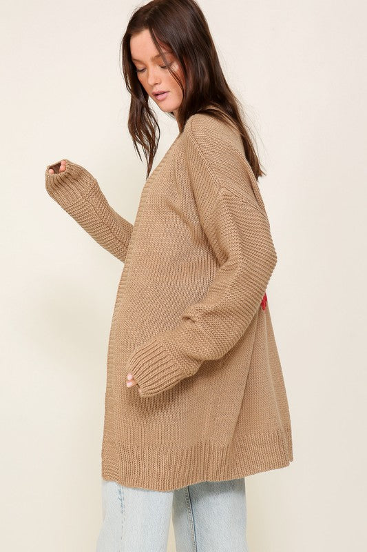 Timing Long Sleeve Open Front Cardigan With Back Heart