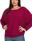 Zenana Plus Ribbed Batwing Long Sleeve Boat Neck Sweater