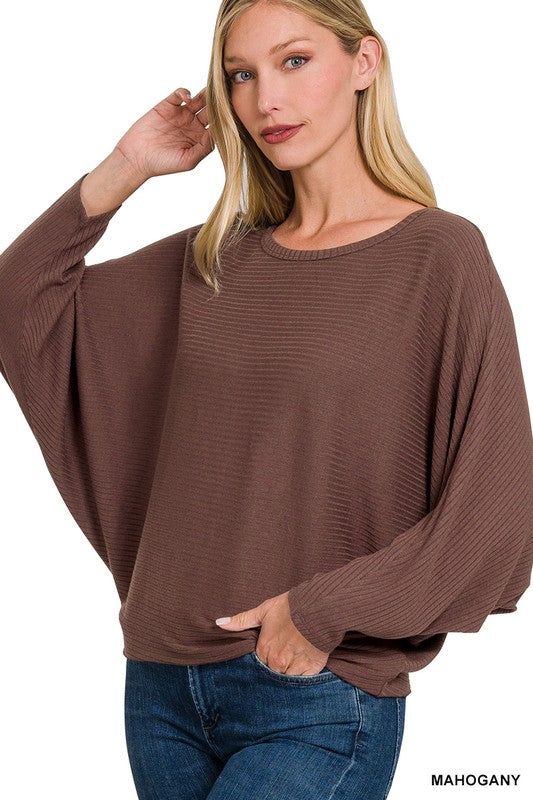 Zenana Ribbed Batwing Boat Neck Sweater - Online Only