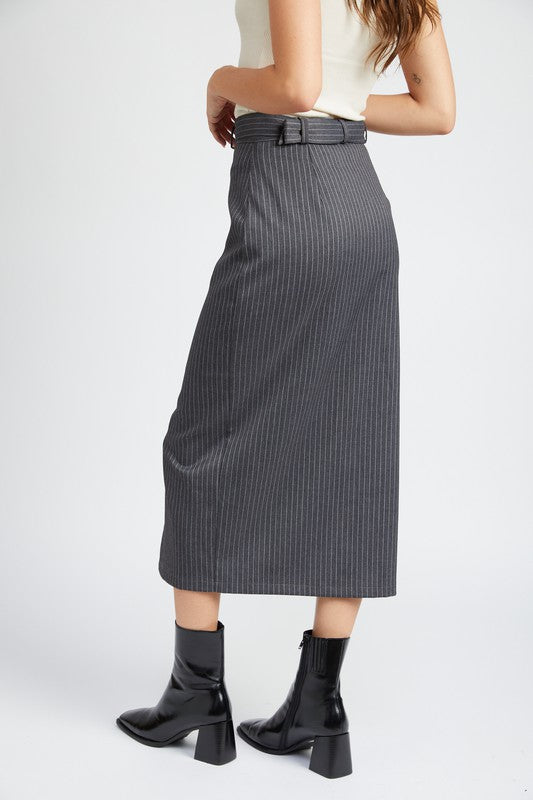 Pinstripe Midi Skirt with Slit - Online Only