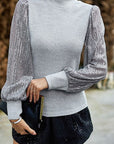 Ribbed Mock Neck Top with Sequin Sleeves