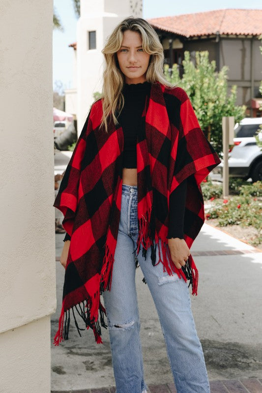 Leto Accessories Buffalo Check Tassel Poncho