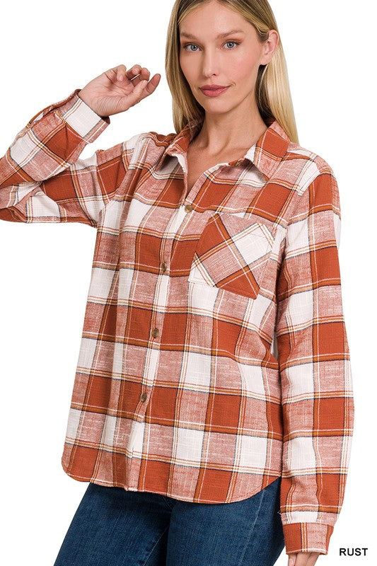 Zenana Cotton Plaid Shacket with Front Pocket - Online Only