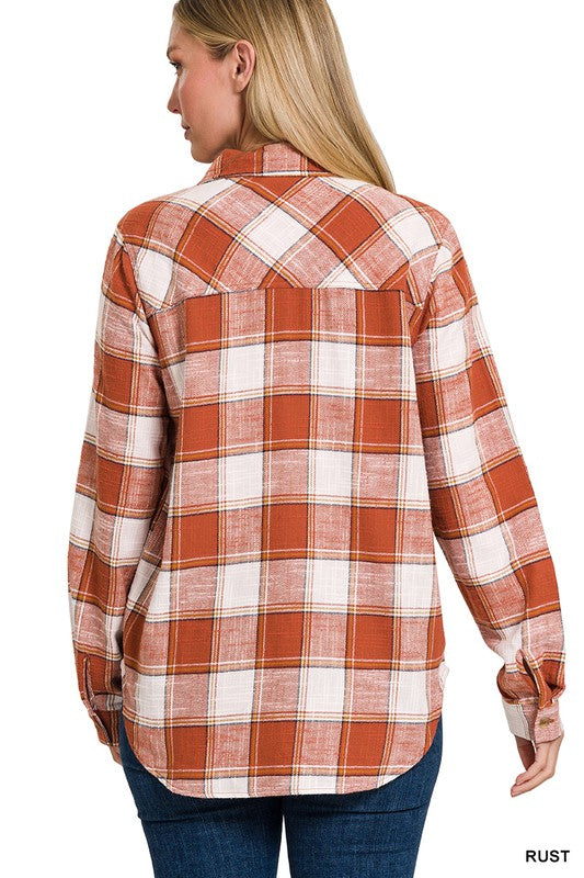 Zenana Cotton Plaid Shacket with Front Pocket - Online Only