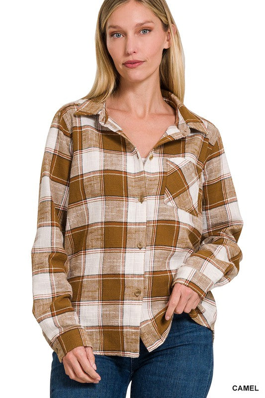 Zenana Cotton Plaid Shacket with Front Pocket - Online Only