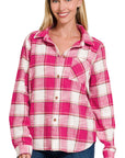 Zenana Cotton Plaid Shacket with Front Pocket - Online Only