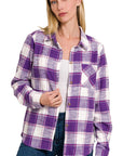 Zenana Cotton Plaid Shacket with Front Pocket - Online Only