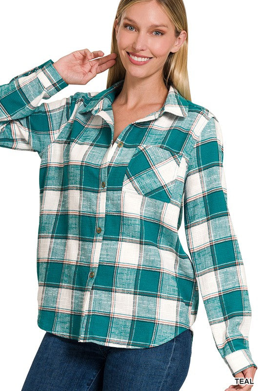 Zenana Cotton Plaid Shacket with Front Pocket - Online Only