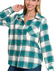 Zenana Cotton Plaid Shacket with Front Pocket - Online Only