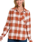 Zenana Cotton Plaid Shacket with Front Pocket - Online Only