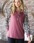 Heimish Full Size Snakeskin Print Raglan Sleeve Half Button Top