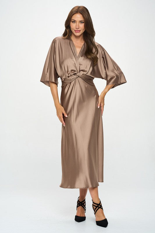 Renee C. Satin Stretch Solid Dress with Front Twist