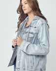 RISEN Full Size Distressed Drawstring Hooded Denim Jacket