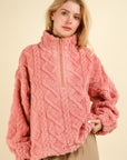 VERY J Fuzzy Fleece Half Zip Cable Pattern Sweatshirt