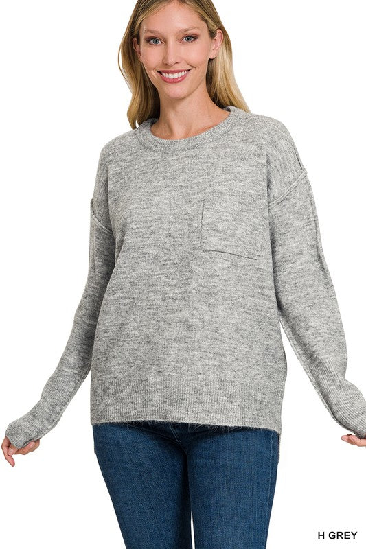 Zenana Melange Hi-Low hem Round Neck Sweater