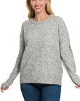 Zenana Melange Hi-Low hem Round Neck Sweater