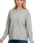 Zenana Melange Hi-Low hem Round Neck Sweater