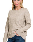 Zenana Melange Hi-Low hem Round Neck Sweater