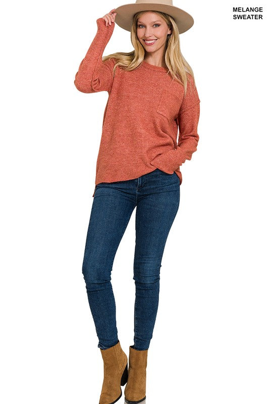 Zenana Melange Hi-Low hem Round Neck Sweater