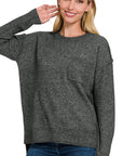 Zenana Melange Hi-Low hem Round Neck Sweater