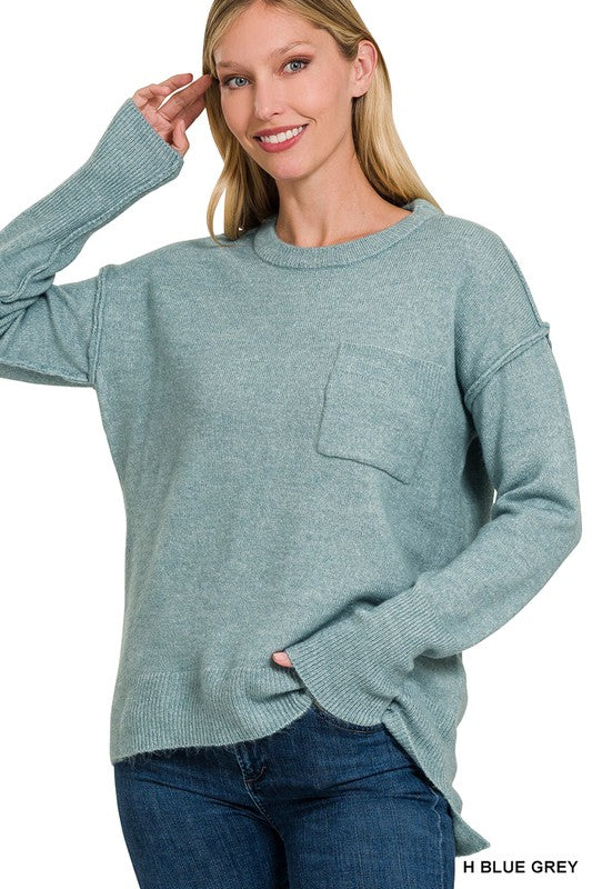 Zenana Melange Hi-Low hem Round Neck Sweater