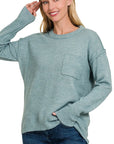 Zenana Melange Hi-Low hem Round Neck Sweater