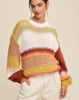 Listicle Open Mixed Knit Slouchy Hand Crochet Sweater