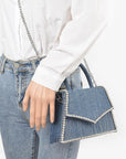 Rhinestone Accent Denim Top Handle Clutch Bag