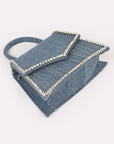 Rhinestone Accent Denim Top Handle Clutch Bag