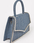 Rhinestone Accent Denim Top Handle Clutch Bag