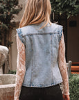 Denim Button-Front Scallop Trim Patch Pocket Vest