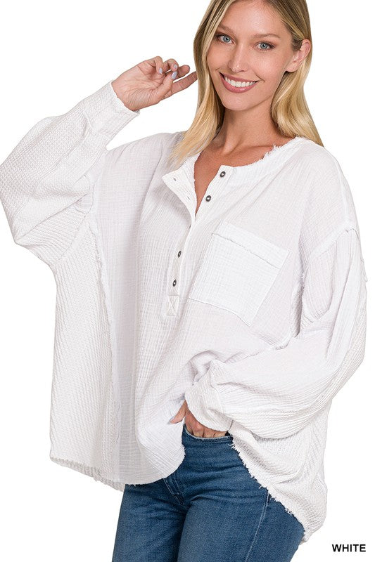 Zenana Double Gauze Oversized 3/4 Button Henley Neck Top