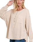 Zenana Double Gauze Oversized 3/4 Button Henley Neck Top