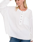 Zenana Double Gauze Oversized 3/4 Button Henley Neck Top